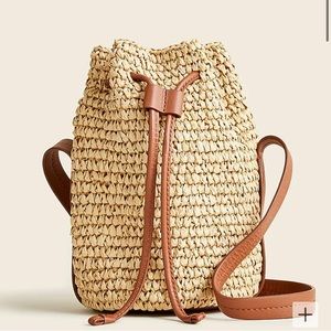 Woven Straw Drawstring Bucket Bag with Leather Trim